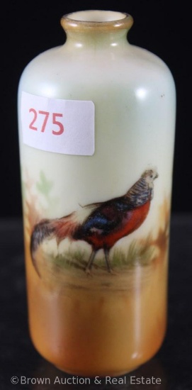 R.S. Prussia Mold 909 SS 3.5"h Golden Pheasant vase on brown tone