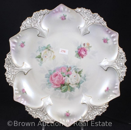 R.S. Prussia Mold 82 plate, 11.75", pink and white roses on satin finish, gold highlights on border,