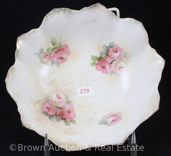 R.S. Prussia Mold 341 ftd. bowl, 7.25"d x 2.5"h, pink and white roses on white satin finish