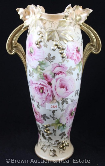 R.S. Prussia Grape mold 12"h vase, pink poppies with dbl. gold handles/grapes and leaves, red mark