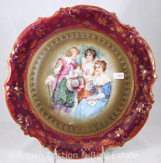 Mrkd. E.S. Germany/Prov Saxe 12"d charger, dark maroon border Courting scene (lady reading letter),