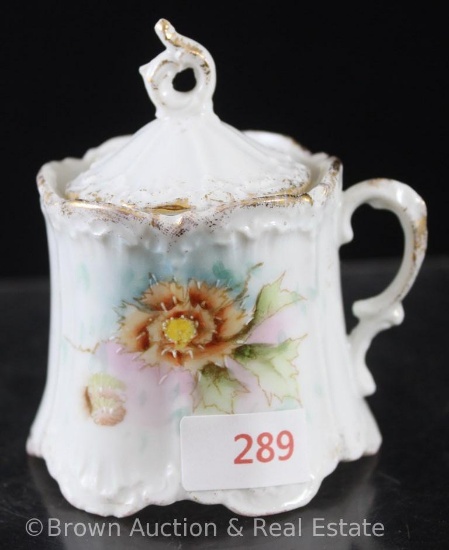 R.S. Prussia OM 3.25"h mustard pot, pink flower on white, 6-point embossed star mark