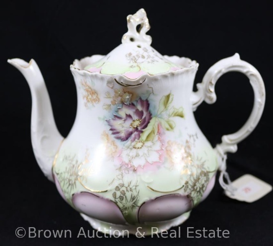 R.S. Prussia OM 6"h teapot, flower d?cor on white/mint green and pink background, gold details