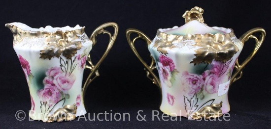 R.S. Prussia Carnation Mold 526 4"h creamer and cov. sugar, pink poppies with pretty rose/green and