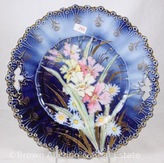 R.S. Steeple Mold 26 cobalt cake plate, 11"d, multi-colored flowers/green leaves with gold enamelled