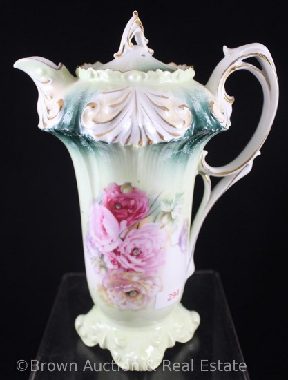 R.S. Prussia Mold 609 chocolate pot, 9.5"h, multi-colored floral design on shades of lt. to dark