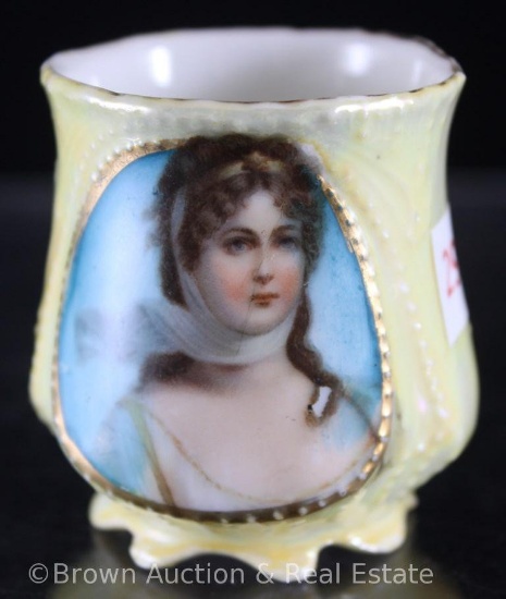 Unm. 2"h toothpick holder with Queen Louise portrait on yellow luster
