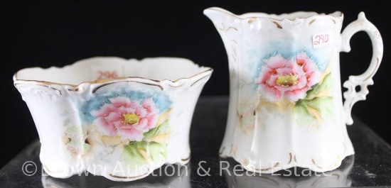 (2) Unm. R.S. Prussia matching pieces incl. 3"h creamer and 2"h x 3.5"d finger bowl, pink flower,