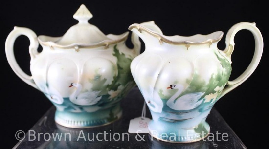 R.S. Prussia Mold 452 4"h creamer and cov. sugar (as is!), Swans on Lake, red mark