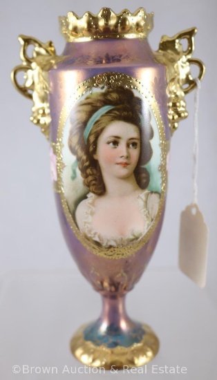 RVG (unm.) Art Nouveau 7"h dbl. handled vase, Countess Potocka portrait/Tiffany finish, heavy gold