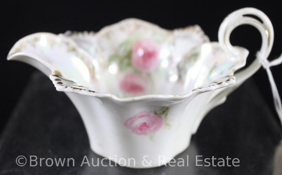 R.S. Prussia Mold 527 2.25"h demi creamer, pink roses on white luster with gold detailing, red mark
