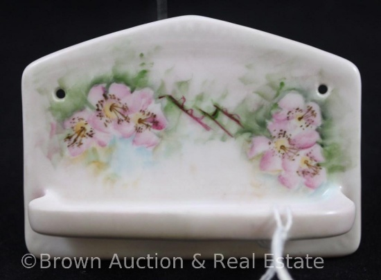 Mrkd. R.S. Germany wall handing 3-hole toothbrush holder, pink flowers, 3.75"l x 2.75"h