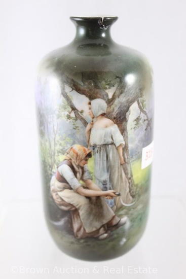 Mrkd. R.S. Poland 6"h vase, 2 peasant workers resting under tree (damaged/repaired top rim)