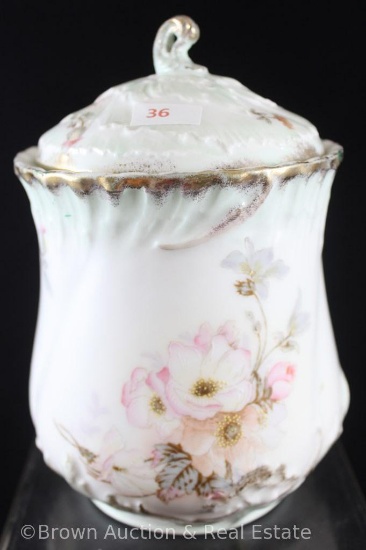 Mrkd. Germany/Bavarian China 7.5"h biscuit/cracker jar, floral d?cor on white with very pale green