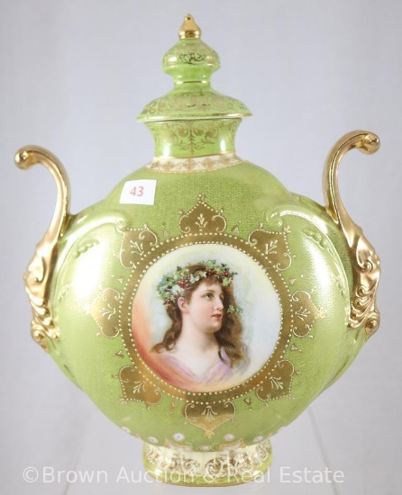 Mrkd. Royal Wettin Germany 10"h dbl. handled cov. Urn, portrait d?cor framed in heavy gold, apple