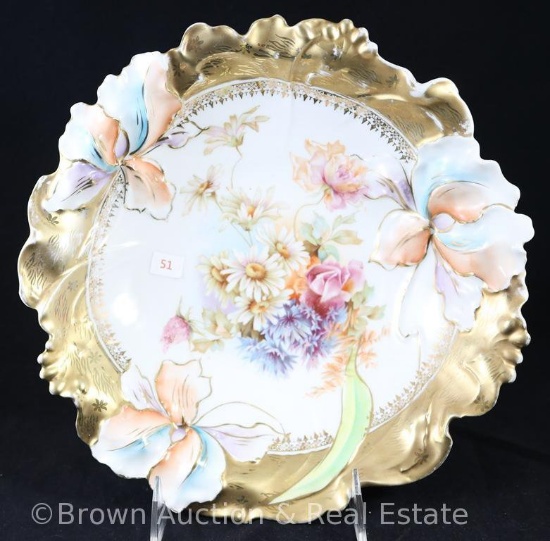 Mrkd. R.S. Germany Steeple mark 10.5"d bowl (Steeple Mold 6), mixed floral bouquet with heavy gold