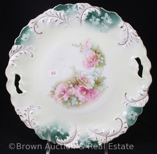 R.S. Prussia Plume Mold 16 cake plate, 9.75"d, pink and white floral d?cor, green finish on border