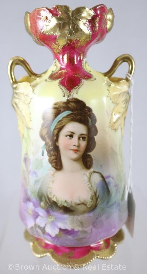Mrkd. Royal Vienna Germany 7.25"h vase with dbl. leaf handles, Countess Potocka portrait, maroon