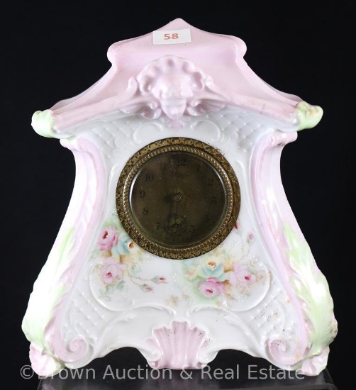 R.S. Prussia-style OT 3 clock, 7" tall, original New Haven clock works, embossed cherub face in