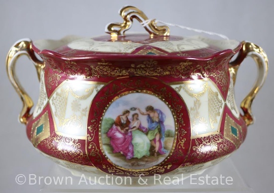 Mrkd. E.S. Germany/Prov Saxe cracker/biscuit jar, mythological scene w/heavy maroon finish and gold
