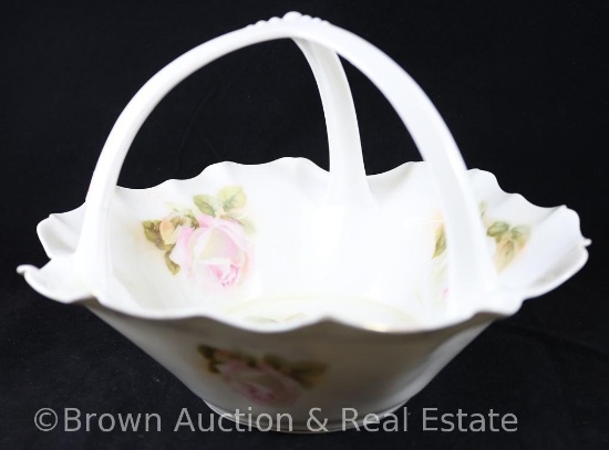 R.S. Prussia tri-handled 9.5"d basket, large pink and white roses on white, red mark
