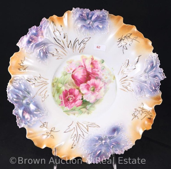 R.S. Prussia Carnation Mold 28 centerpiece bowl, 12"d, pink poppies, peach and lavender tinted