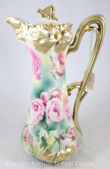 R.S. Prussia Carnation Mold 526 chocolate pot, 12" tall, pink roses with carnation molded designs