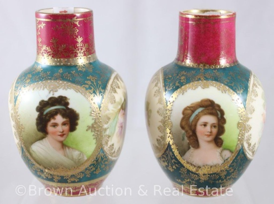 Pr. Royal Vienna Germany 4.5"h vases, 1-Countess Potocka and 1-LeBrun I, maroon and green finish,