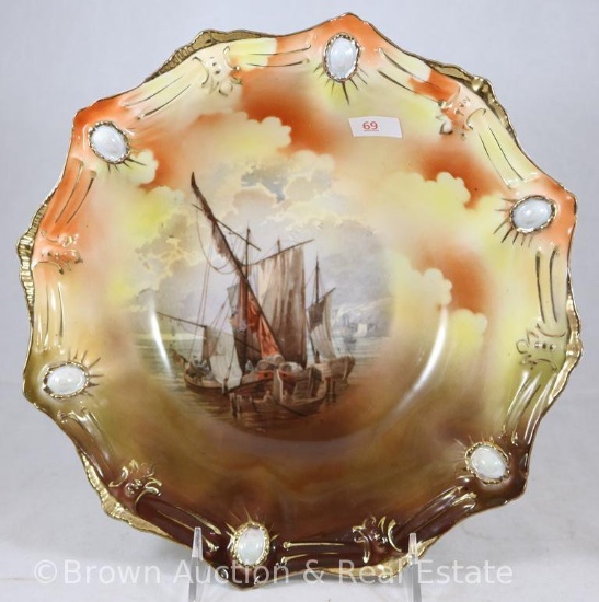 R.S. Prussia Ribbon and Jewel Mold 18 bowl, 10.5"d, Masted Schooner on brown/yellow/orange, jewels
