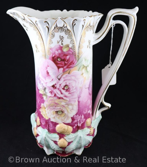 R.S. Prussia Acorn Mold 583 tankard, 10.5" tall, multi-colored roses with dark rose finish and gold