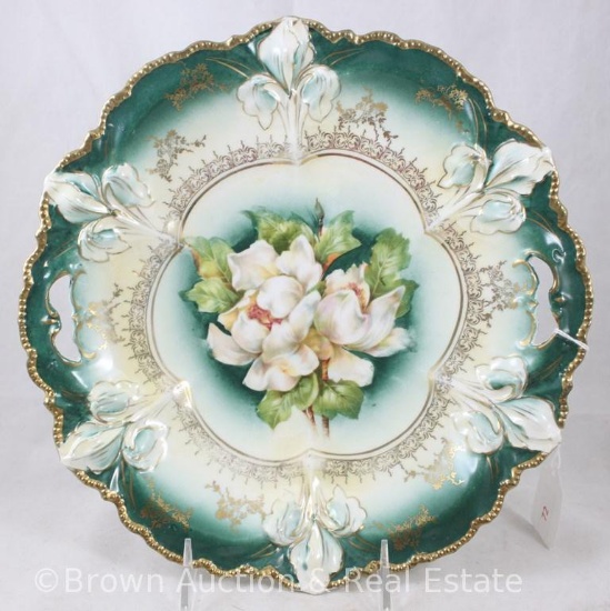 R.S. Prussia Iris Mold variation 25a cake plate, 11"d, Magnolia blossoms, deep green outer border,