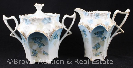 R.S. Prussia Mold 638 4.25"h creamer and cov. sugar, tiny blue flowers on white, nice gold