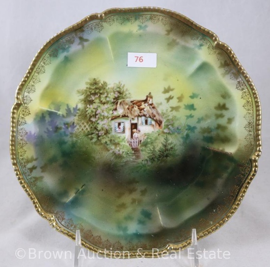 R.S. Prussia Mold 300 plate, 8.5"d, Cottage scene on green tones, gold border with inner