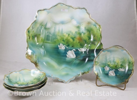 R.S. Prussia Mold 341 berry set, Swans with Gazebo scenic d?cor on green and blue: 10.5"d master and