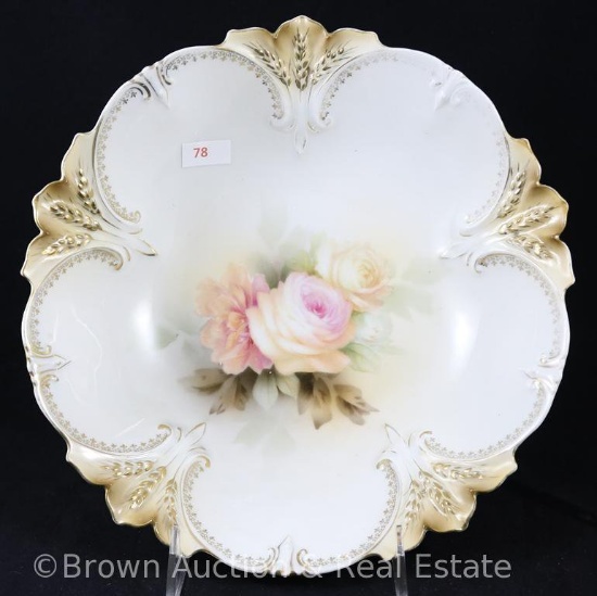 R.S. Prussia "Wheat Fleur-de-lys" Mold 24 bowl, 10"d, large roses d?cor on white with goldish finish