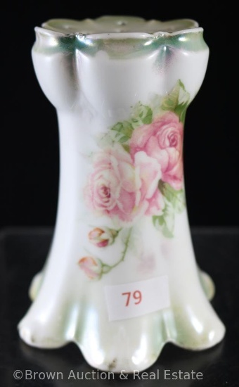 R.S. Prussia 5"h muffineer or talcum shaker, pink roses, red mark