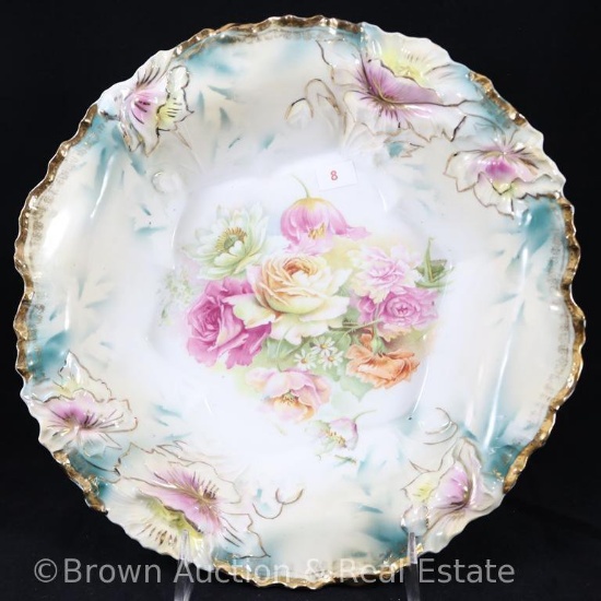 R.S. Prussia Carnation Mold variation 28b bowl, 10.5"d, large multi-colored roses with small daisy