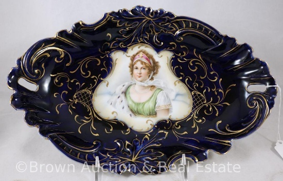 R.S. Prussia cobalt bun tray with portrait of Queen Louise, 12.5" X 8", lots of gold details -