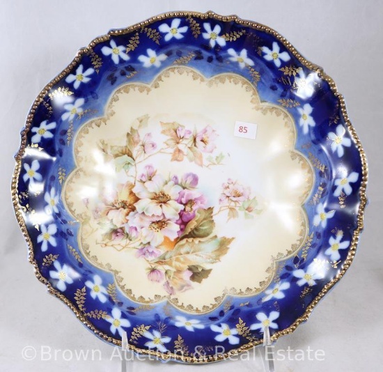 R.S. Prussia Mold 343 cobalt bowl, 10.25"d, floral d?cor with lots of gold trim, circle mold mark