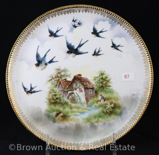 R.S. Prussia Mill scene and Swallows 8.75"d plaque in satin finish, gold border with inner