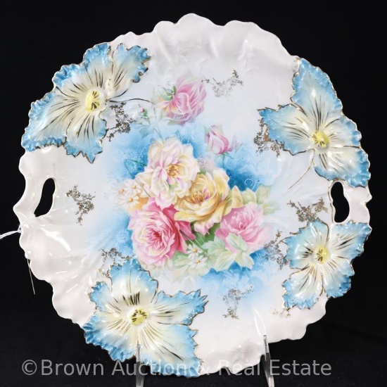 R.S. Prussia Carnation Mold 28 cake plate, 11"d, multi-colored roses and white daisies, nice blue