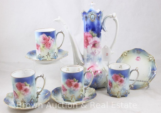 R.S. Prussia Ribbon and Jewel Mold 645 demi-tasse pot, 9.25"h, (4) cups/saucers, pink flowers on