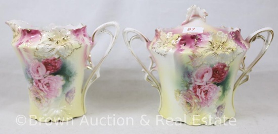 R.S. Prussia Carnation Mold 526 4.5"h creamer and cov. sugar, pink poppies with nice rose finish at