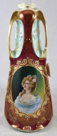 Mrkd. Prov Saxe/E.S. Germany 12"h vase with 3-gold handles, portrait of woman with pink roses in
