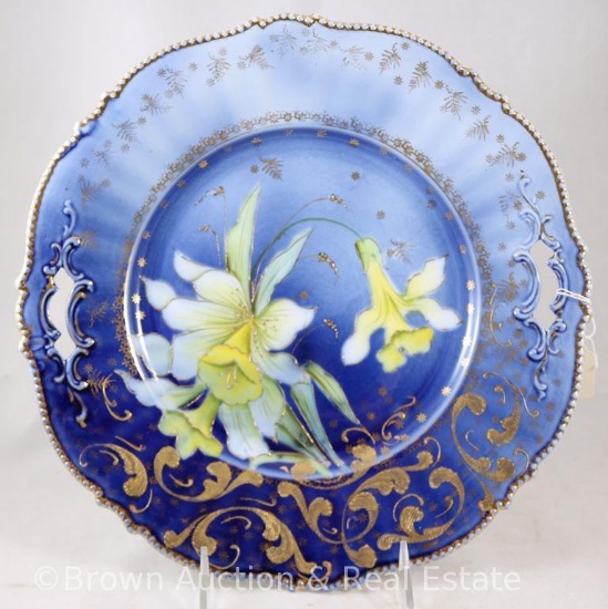 Mrkd. Royal Vienna Germany 11"d cake plate in RSP Mold 343, cobalt with jonquils and great gold