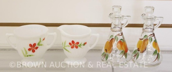 Milk Glass creamer and sugar decorated with red flower and (2) clear cruets w/fruit d?cor