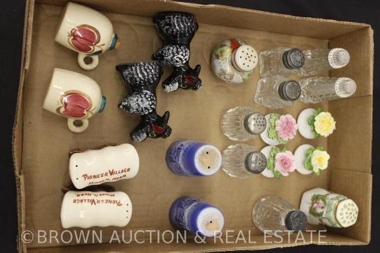 Box lot of salt and pepper sets - figural, porcelain, crystal - some souvenir