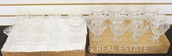 (2) Box lots of Elegant Depression cocktail and champagne glasses, different patterns - 23 total