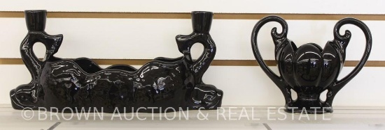 (2) pcs. Black amy: dbl. handled vase and console bowl/candleholder combination
