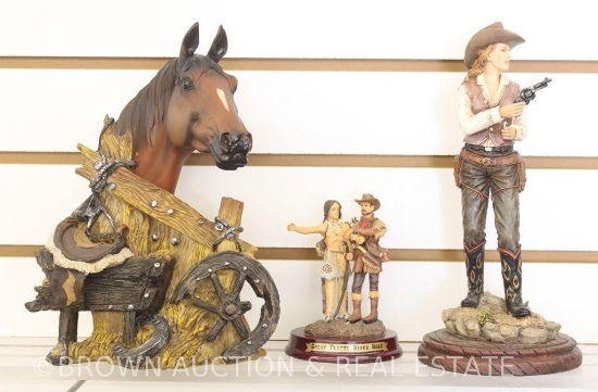 (3) Western figurines - horse head, cowgirl w/gun and "Great Platte River Road" cowboy w/Indian